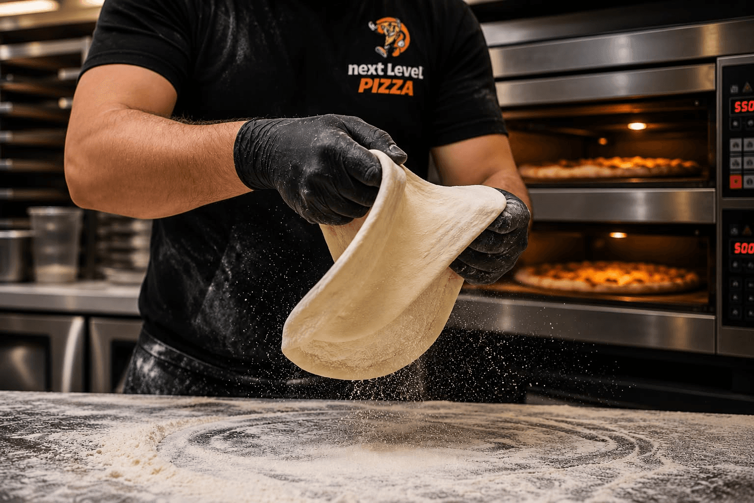 Chef hand-stretching fresh pizza dough